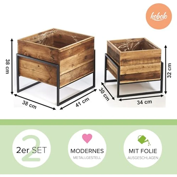 Kobolo Übertöpfe Pflanzkübel Set - Holz und Metall - schwarz - quadratisch - mit Folie – Bild 3