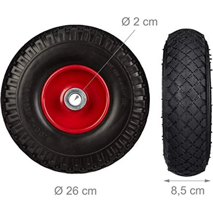 Relaxdays, schwarz-rot 2X Sackkarrenrad, pannensichere Vollgummireifen, 3.00-4" Stahlfelge, 20mm Achse, 100kg, 260x85 mm, 10026069_261 – Bild 4