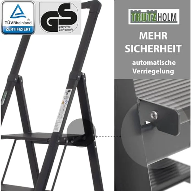 TRUTZHOLM Alu Trittleiter 4-stufig klappbar, bis 150 kg Traglast, Aluminium Silber mit Anti-Rutsch Trittflächen, TÜV/GS geprüft, leicht und platzsparend (Schwarz) – Bild 5