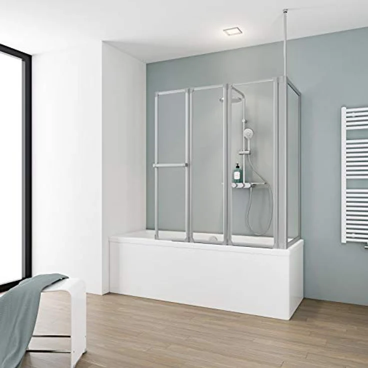 Schulte Duschwand für Badewanne 127 x 140 x 75 cm, Kunstglas mit Softline-Dekor, Aluminium natur, Wandanschluss schwenkbar – Bild 1