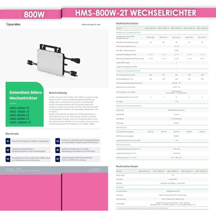 Hoymiles HMS-800W-2T Mikro-Wechselrichter mit integrierter WiFi DTU | inkl. HMS Field Connector | bis zu 2 PV-Module | 800 Watt | VDE konform | für Balkonkraftwerke – Bild 5