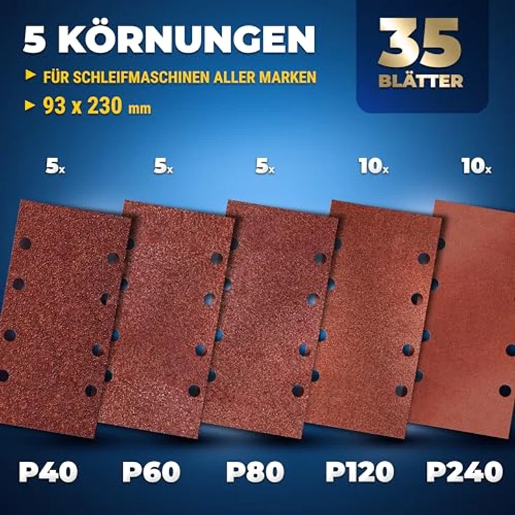 S&R Klett Schleifpapier Profi Set 93 mm x 185 mm, 35 Schleifbläter, 5 Körnungen für Schleifmaschine (5 x P40, 5 x P60, 5 x P80, 10 x P120, 10 x P240) – Bild 2