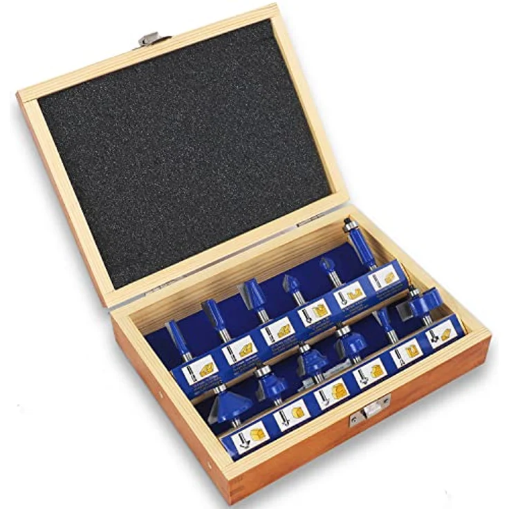 S&R Hochleistungs Fräser-Set 12-tlg, Holzfräser in Industrie-Qualität für hartes und weiches Holz mit Holzkoffer, Fräser-Bit Satz, Schaft 8mm, gehärtete Wolframkarbid Hartmetall-Schneiden, YG8 – Bild 1