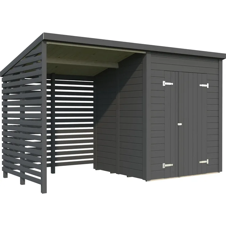 Palmako Gerätehaus Leif, 3,0 m² + 2,9 m² Anbau, 16 mm dunkelgrau lackiert, einfache Montage mit Fußboden