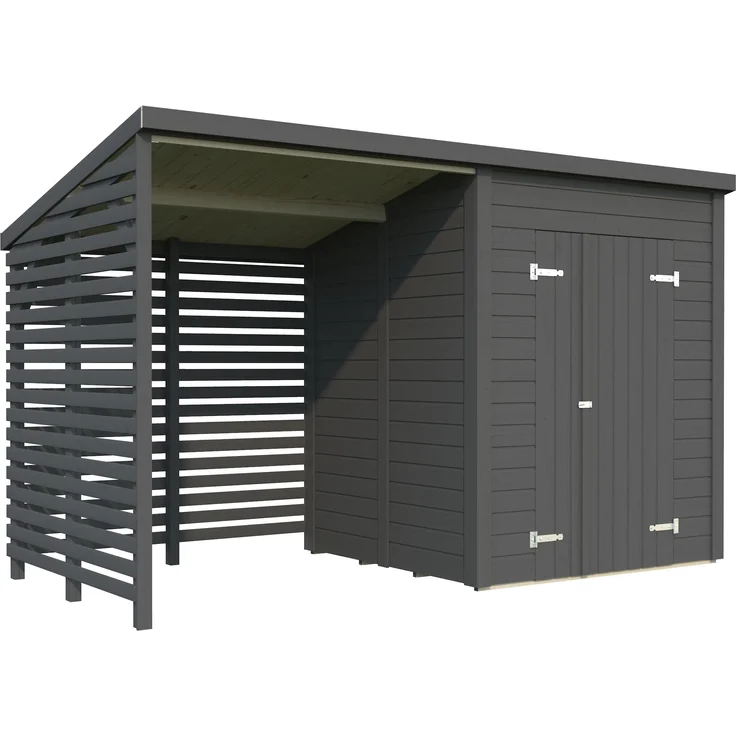 Palmako Gerätehaus Leif, 3,0 m² + 2,9 m² Anbau, 16 mm dunkelgrau lackiert, einfache Montage mit Fußboden