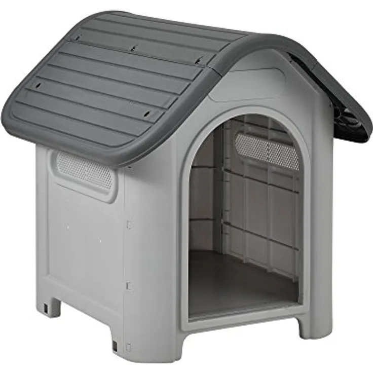 [en.casa] Hundehütte mit Dachluke 75x59x66cm PVC Grau Schwarz Unterschlupf Hundehaus Kunststoff