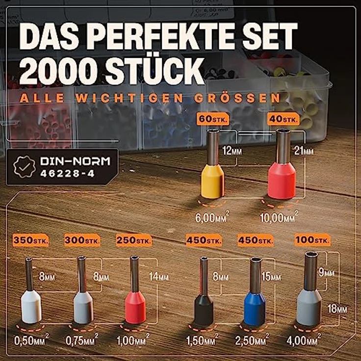 BAURIX® Crimpzange PERSEUS, ergonomische Aderendhülsenzange mit 2000 Aderendhülsen Set, Kraftregler für 0,25-10mm², gleichmäßige Vierkantverpressung für Elektroinstallation – Bild 4