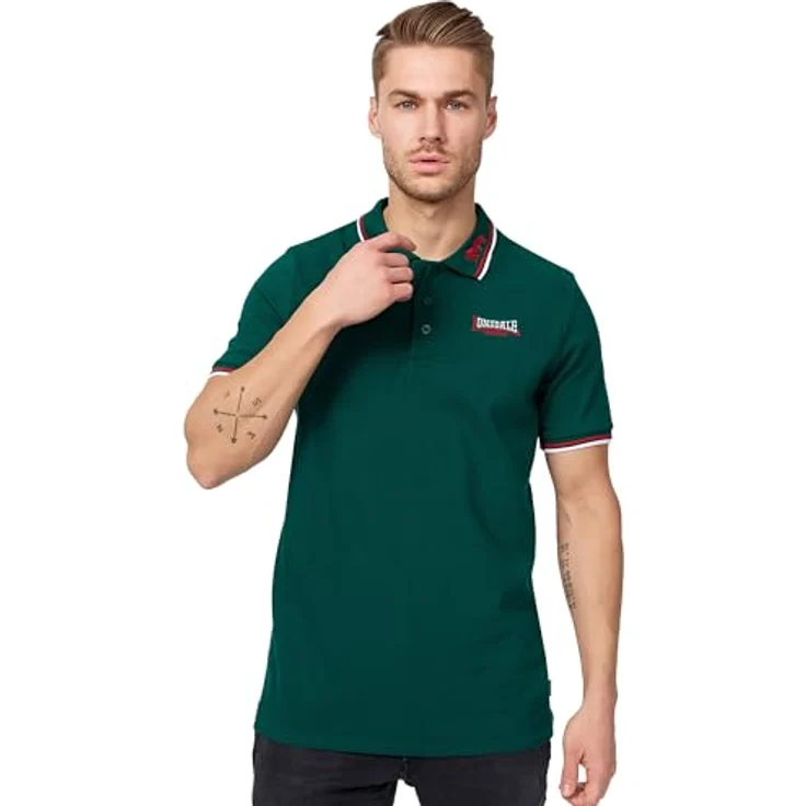 Lonsdale Poloshirt Lion, Arbeitsshirt mit farblich abgesetzten Stickereien und gestreiften Bündchen, schwarz – Bild 2