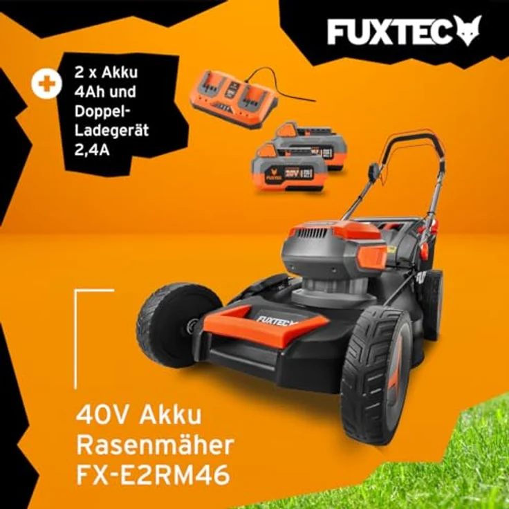 Fuxtec 4in1 Akku Rasenmäher 40V (2x20V) FX-E2RM46 mit 2x20V Li-Ion Batterie 4Ah & Doppelladegerät - Schnittbreite 46cm, Schnitthöhe 25-75mm, 50L Grasfangkorb, Mulch-Funktion, Seitenauswurf – Bild 2