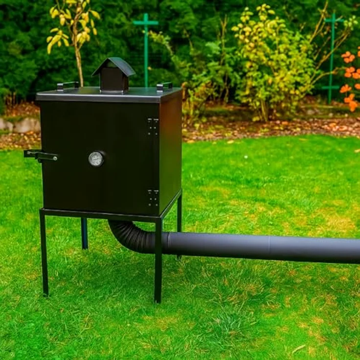 QLS Metall Räucherofen, 50×50×50 cm mit Thermometer, 6 Haken, Deflektor, Rohrset – robuste Stahlblechkonstruktion, hitzebeständig, externer Feuerkasten – Bild 4