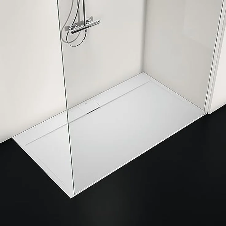 Ideal Standard Ultra Flat S i.life, rechteckige Duschwanne 160 x 90 cm aus Harz, mattes Finish in Steinoptik, Weiß, rutschfest mit Ablaufgarnitur – Bild 4