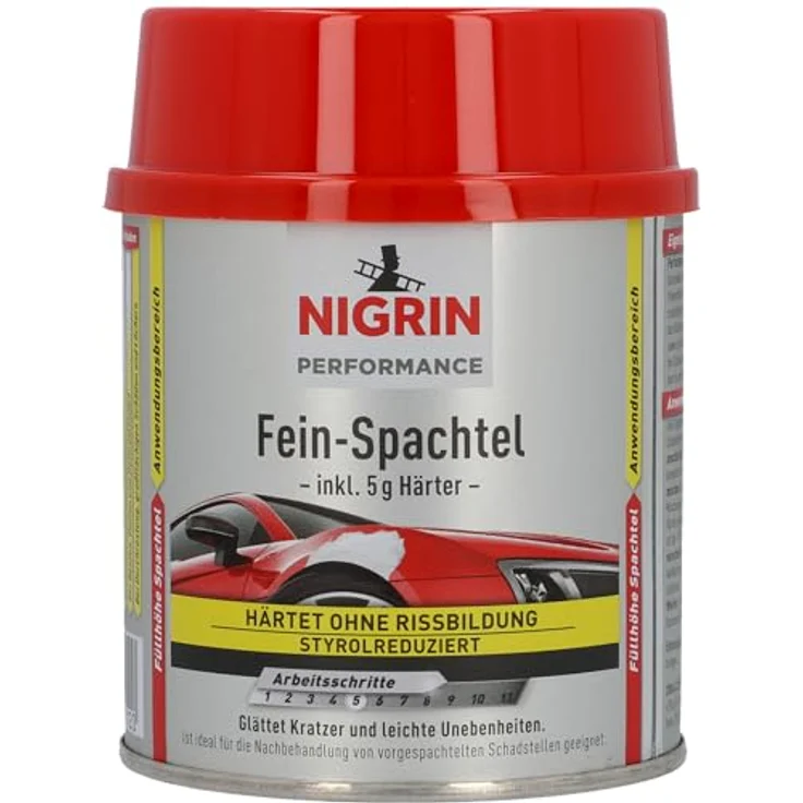 NIGRIN Fertigspachtel Fein-Spachtel, 250g Zweikomponenten-Spachtel mit Härter, porenfreie Karosserie-Lack-Oberfläche – Bild 1