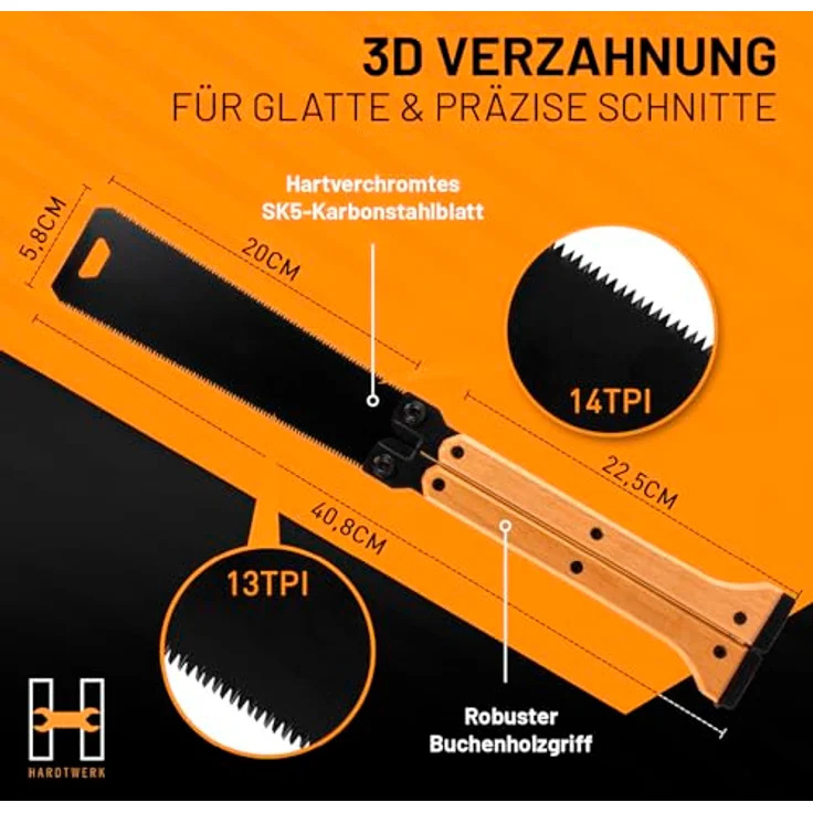 HARDTWERK Klappbare Japansäge, SK5-Stahlblatt mit zwei Schneidseiten für präzise Schnitte, ideal für Gartenarbeit und Camping – Bild 4