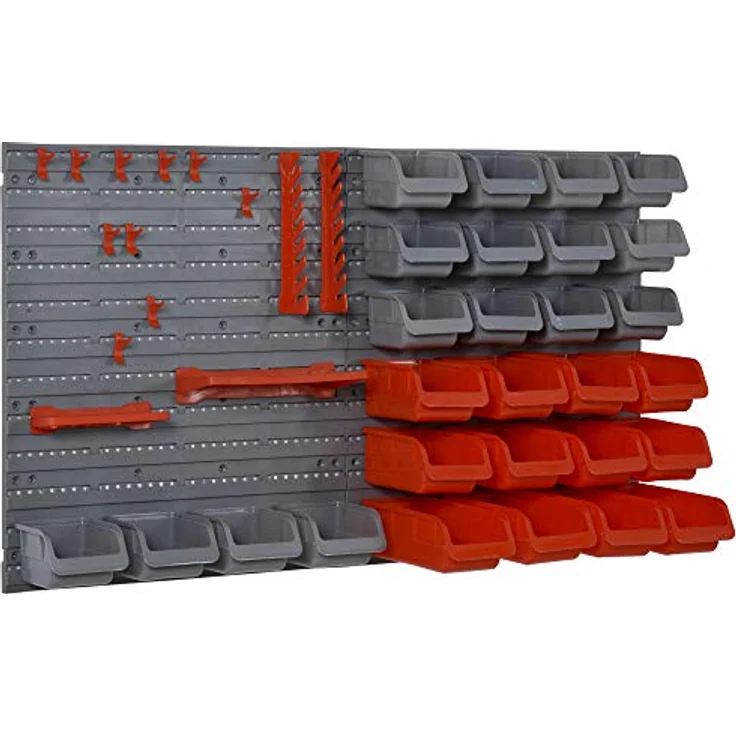 DURHAND Wandregal mit 44 tlg. Stapelboxen, Werkzeuglochwand und Werkzeughalter in Rot, 54x22x95 cm, belastbar bis 30 kg – Bild 1