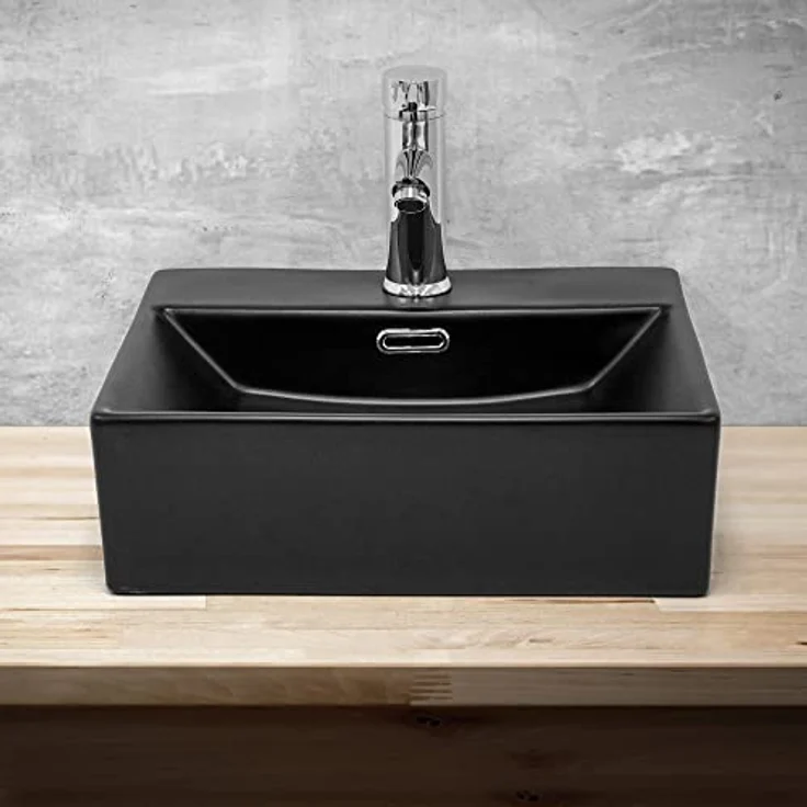 ML-Design Waschbecken aus Keramik Schwarz 415x365x130 mm Eckige Aufsatzwaschbecken, Moderne Waschtisch, Waschschale mit Überlauf und Abflussloch, Waschplatz Handwaschbecken, für Badezimmer/Gäste-WC – Bild 3