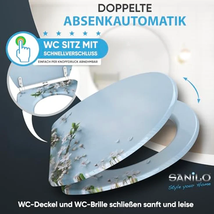 Sanilo WC Sitz mit Absenkautomatik Top Fix Sakura, bruchfester Holz-Sitz mit antibakterieller Beschichtung und bequemen Komfort, 46-48 cm verstellbar – Bild 3