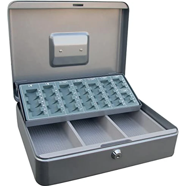 ACROPAQ Geldkassette abschließbar - Kasse mit Münzzählbrett, Groß 24 x 30 x 9 cm - Abschließbare Box, Geldkasse, Geldkoffer geeignet für Geldaufbewahrung - Silber - 10005S – Bild 1