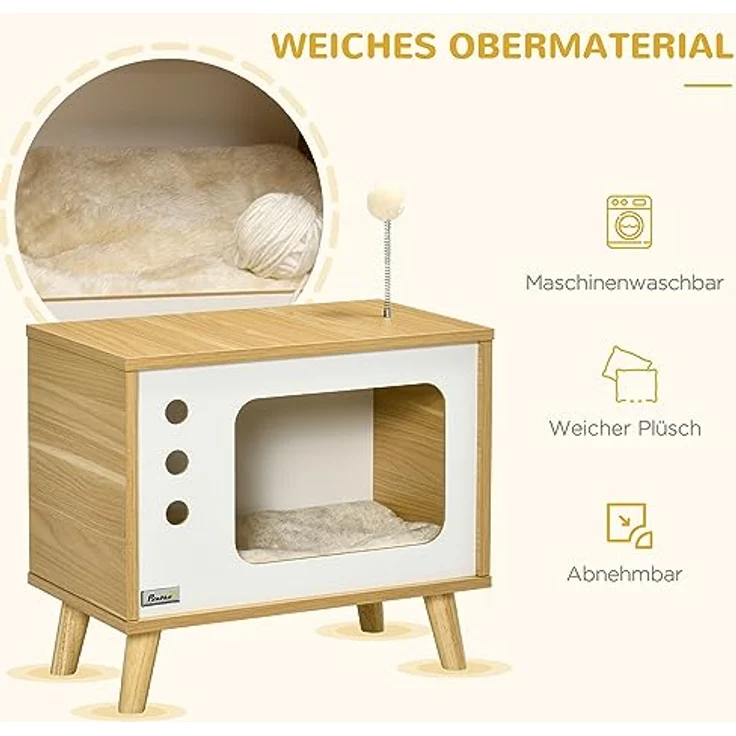 PawHut Tierhaus im TV-Design, inkl. Spielzeug und waschbarem Kissen, Eiche+Beige+Weiß, 50B x 28T x 43H cm – Bild 4