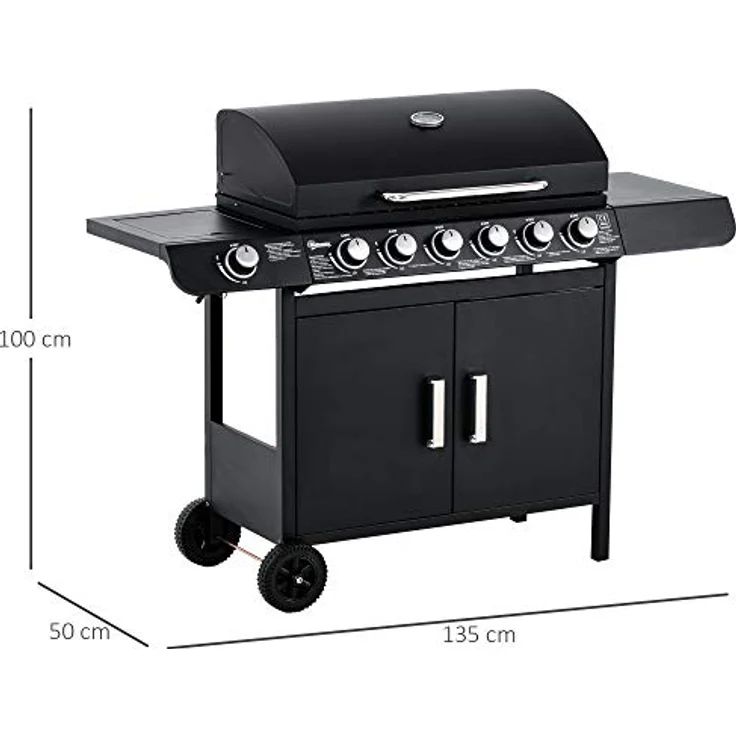 Outsunny Gasgrill BBQ Grillwagen mit 6 Brennern 1 Seitenbrenner Schrank Multifunktion Metall Schwarz 135 x 50 x 100 cm – Bild 3