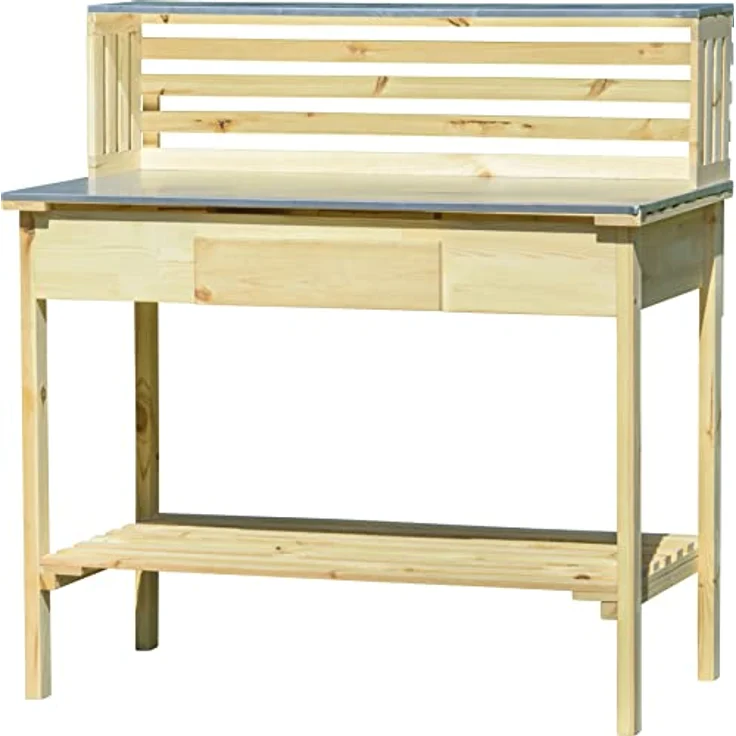 dobar® 29141FSCe XXL Premium Pflanztisch aus massivem Kiefernholz, wetterfester Umtopftisch mit verzinkter Arbeitsfläche und zwei Ablageflächen, 117 x 62 x 124 cm, Natur – Bild 1