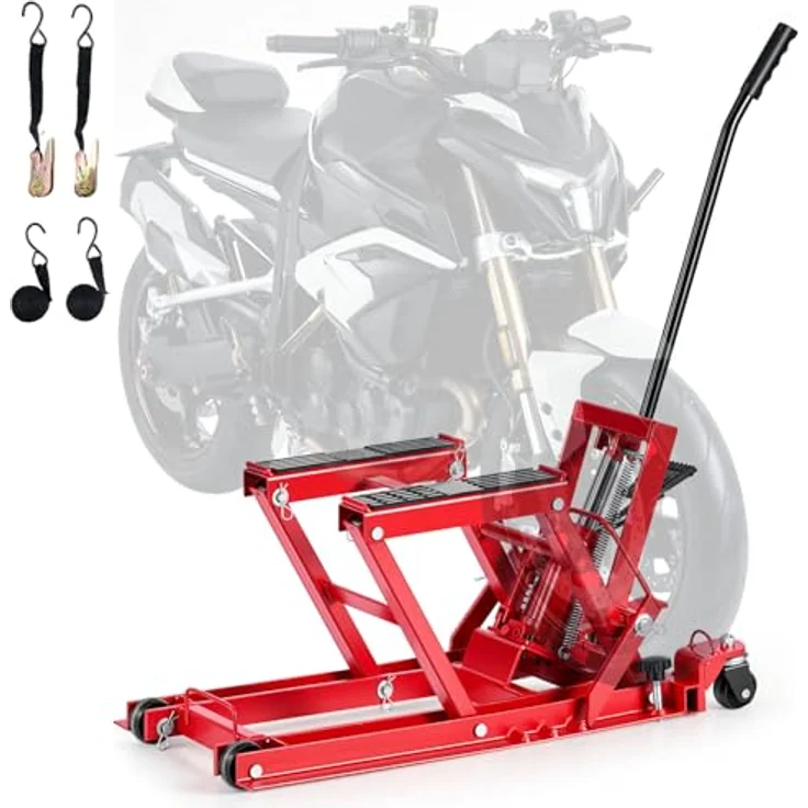 VEVOR Motorradhebebühne, Hydraulisch bis 680 kg, Höhenverstellbar 115–385 mm, mit 4 Rädern und Fußbedienung, Rot – Bild 1