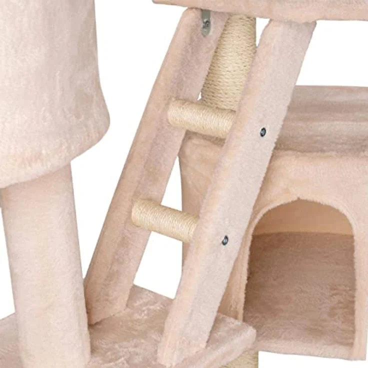 HAPPYPET Großer Kratzbaum deckenhoch XXL 240-260 cm höhenverstellbar - Großer katzenbaum, XXL Kletterbaum für mehrere Katzen, stabile Säulen, Liegemulden, Häuser, mit Zubehör, Beige – Bild 3