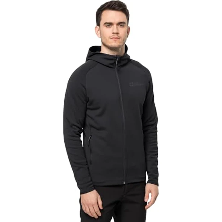 Jack Wolfskin Baiselberg Hooded Fleecejacke, superelastisches Power Stretch Material, Kapuze, Schwarz, Größe L – Bild 1