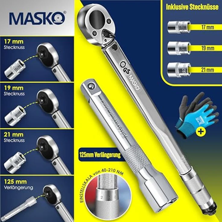 MASKO Drehmomentschlüssel 6tlg. Set 40-210Nm 1-2 ' CV inkl. 3 Stecknüssen 17mm, 19mm, 21mm und Verlängerung 125mm inkl. Koffer +- 4% Toleranz Reifenschlüssel Auto Drehmoment-Schlüssel Silber – Bild 2