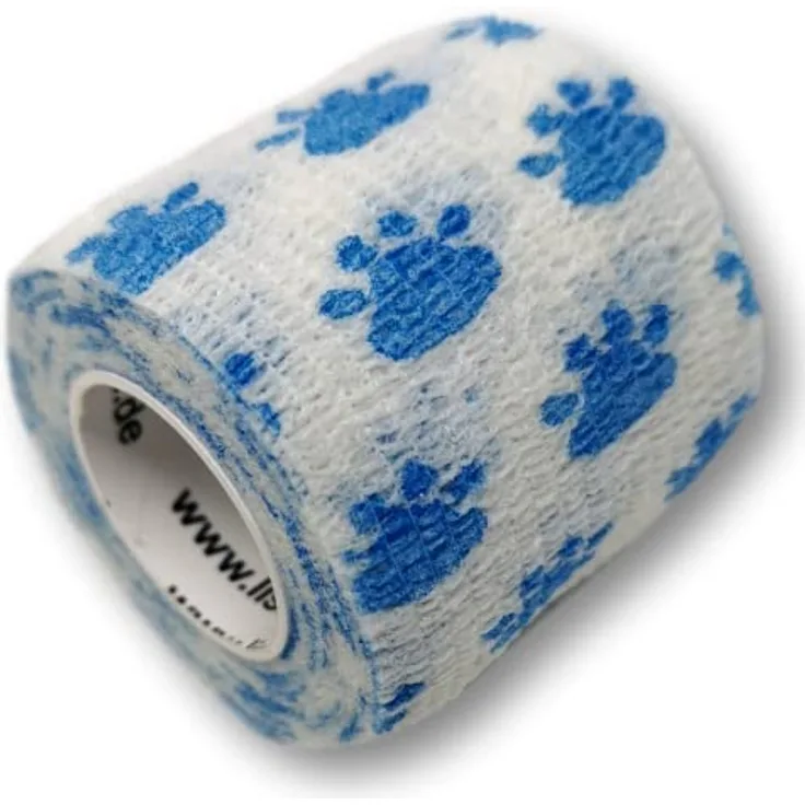LisaCare Hunde Verbandsmaterial - 4 Rollen 5cm breit - Tatzen- & Pfotenschutz für Haustiere - kohäsiv, atmungsaktiv, elastisch - Riesige Farb- & Motivauswahl (Tatze Blau/Weiß)