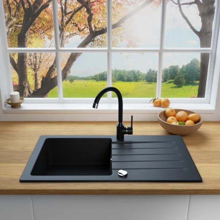 Lindbergh Spülen Rein Schwarz Antibakterielle Granit Spüle "MEG44" + Siphon - MADE IN GERMANY, 30 ml Imprägnierung - küchenspüle spülbecken, schwarz – Bild 3