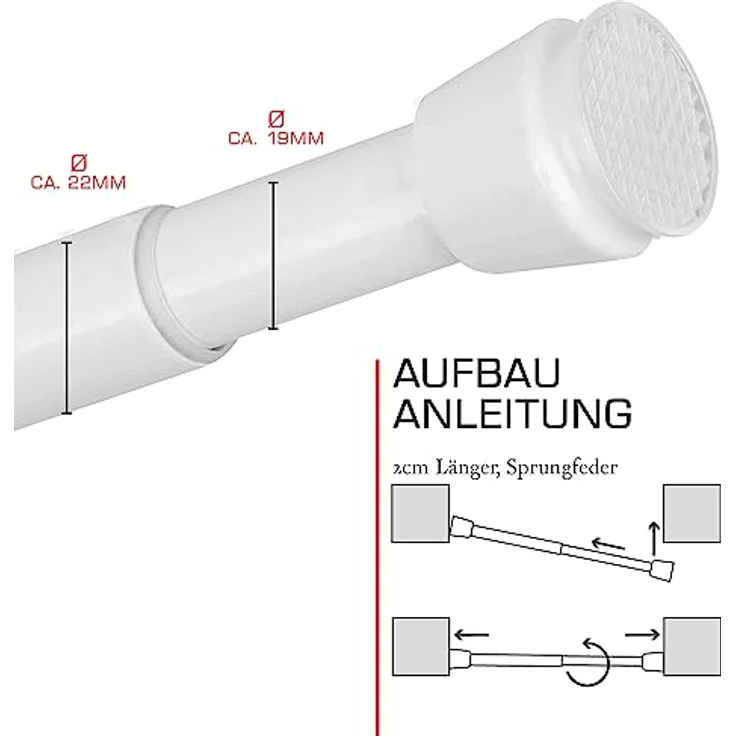bomoe Duschstange Neptun, Teleskopstange ohne Bohren, stufenlos verstellbar 140-260 cm, Weiß, rutschfest mit Gummihalterungen – Bild 5