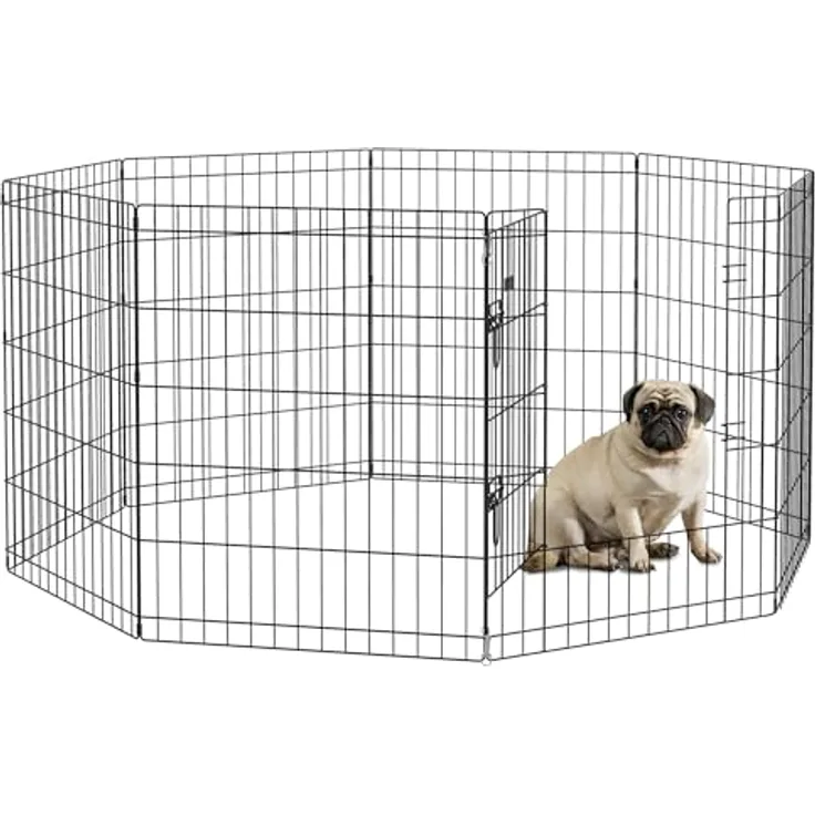 PawHut Welpenauslauf 76 cm Hoch, 8-TLG Welpenlaufstall mit Schloss, DIY Freilaufgehege Hundelaufstall für mittelgroße Hunde, Meerschweinchen, Kaninchen, Metall, Schwarz