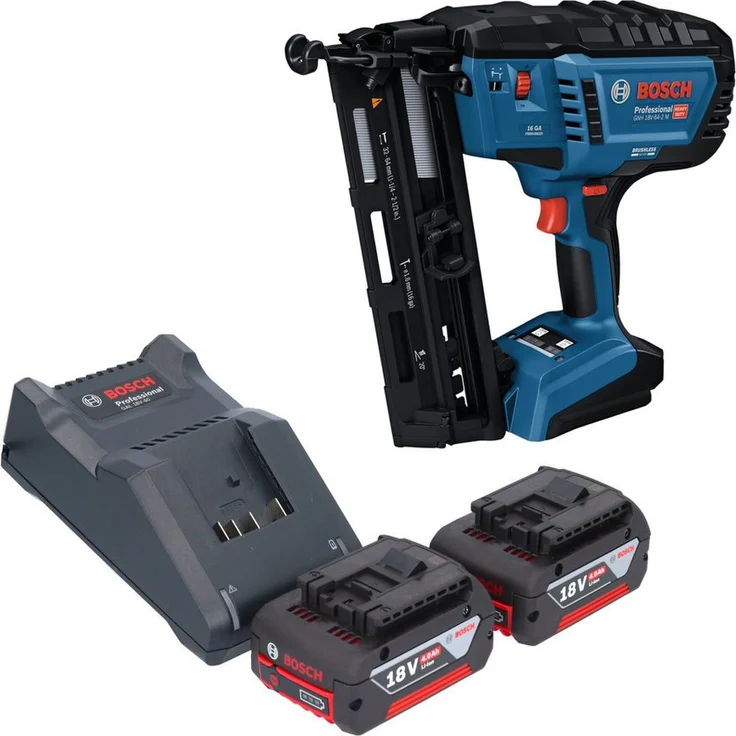 Bosch Professional GNH 18V-64-2 M Akku Holznagler, 18 V mit 2x 4,0 Ah Akkus und Ladegerät, stufenlose Tiefenverstellung, für Nägel von 32 bis 64 mm
