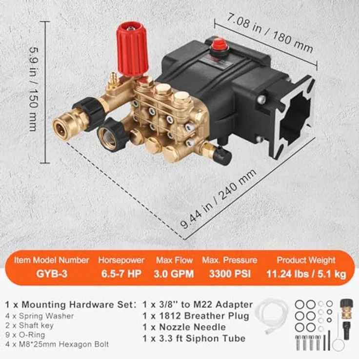VEVOR Hochdruckreinigerpumpe GYB-3, 3300PSI, 3GPM, Triplex-Kolben, 3/4-Zoll-Welle, kompatibel mit Simpson MorFlex-Modellen 40224, 40225, 40226 – Bild 7