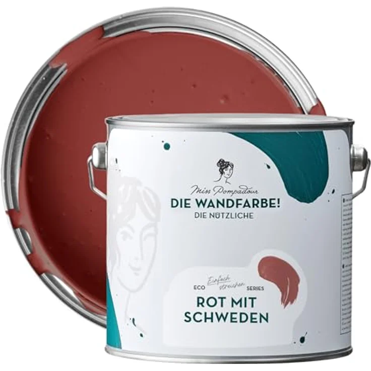 MissPompadour Wandfarbe Rot mit Schweden, abwaschbare, scheuerbeständige Wandfarbe, hohe Deckkraft, 2,5 L, wasserbasiert – Bild 1