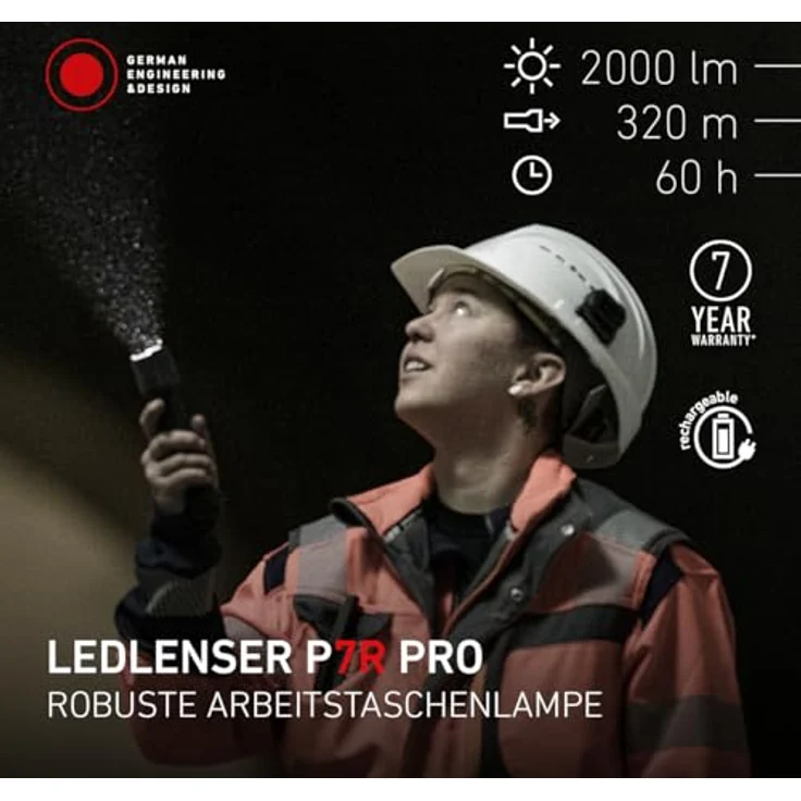 Ledlenser P7R Pro, wiederaufladbare LED Taschenlampe mit 2000 Lumen, 320m Fokus, 8 Modi, IP68 wasserdicht, 60 Stunden Betriebszeit, USB-C, Werkstattlampe für Mechaniker und professionelle Anwendungen – Bild 2