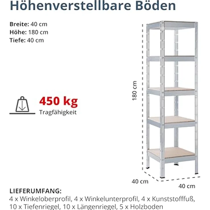 SCHULTE Regalwelt Schwerlastregal mit 5 Holzböden, 180x40x40 cm (HxBxT), Traglast pro Ebene ca. 90 Kg, verzinkt, Lagerregal, Kellerregal, Werkstattregal, Steckregal – Bild 2