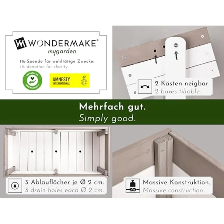 WONDERMAKE® Großes Design Vertikalbeet "planverto1", 3 Etagen aus Fichte-Holz, 85x38x110 cm, für Kräuter, Erdbeeren, Blumen, weiß grau anthrazit – Bild 2