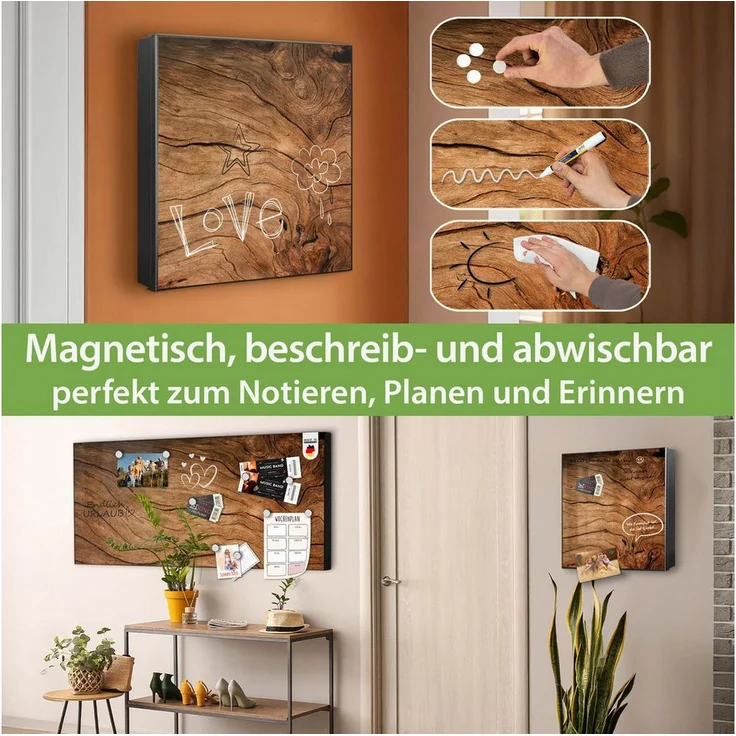 banjado Schlüsselkasten Metall Trockenes Holz, 32 Haken, beschreibbar & magnetisch, 30 x 30 x 5 cm, schwarz