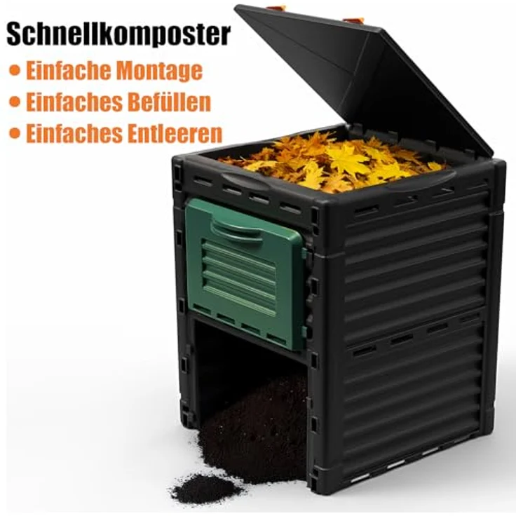 BigDean Schnellkomposter Garten 300 Liter, wetterfester Kunststoff in Schwarz mit grünen Details, UV-beständig und langlebig – Bild 4