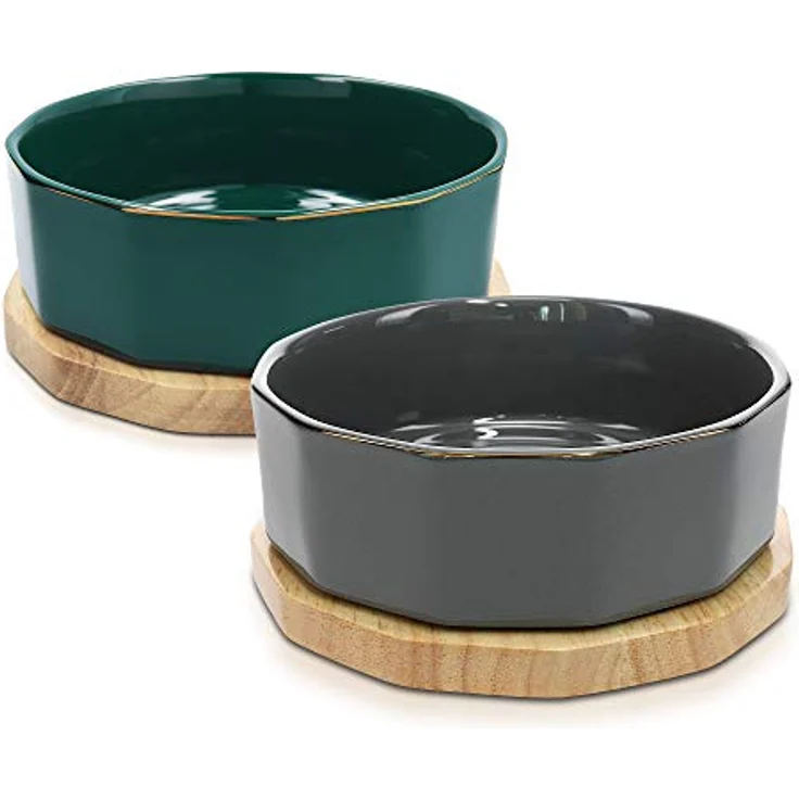 Navaris Fressnapf Futternapf Set aus Keramik - 2X Hundenapf Katzennapf Futterschale mit Unterlage aus Eichenholz - Fressnäpfe für Hunde und Katzen – Bild 5