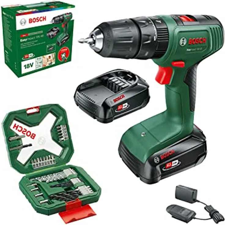 Bosch Home and Garden Akku Schlagbohrschrauber EasyImpact 18V-40 (2x Akku 2,0 Ah, 18 Volt System, mit 34-tlg. Schraubendreher- und Bohrer-Set für Holz, Stein und Metall, im Karton)