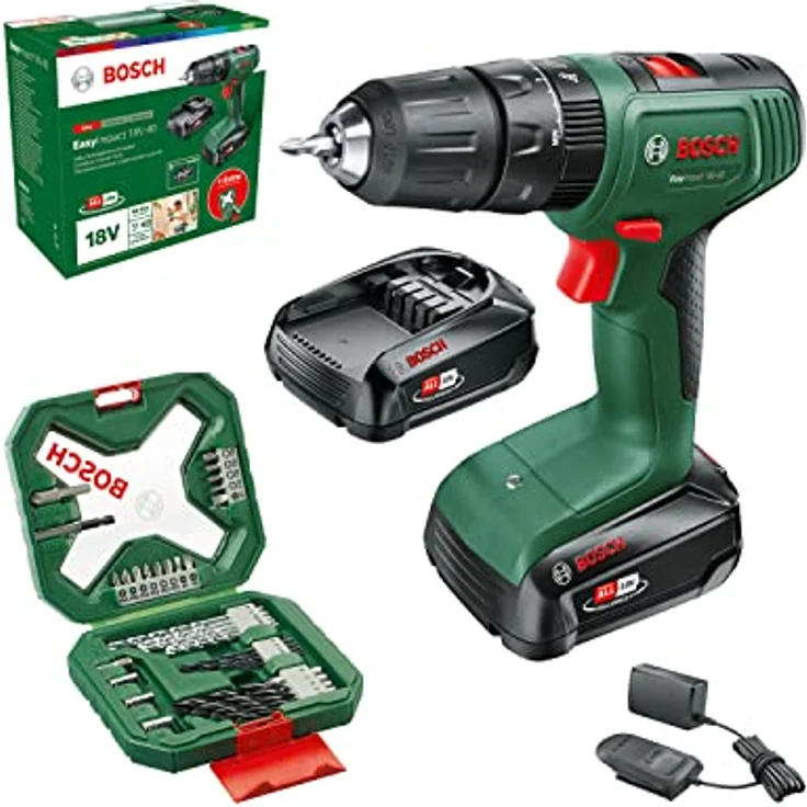 Bosch Home and Garden Akku Schlagbohrschrauber EasyImpact 18V-40 (2x Akku 2,0 Ah, 18 Volt System, mit 34-tlg. Schraubendreher- und Bohrer-Set für Holz, Stein und Metall, im Karton) – Bild 1
