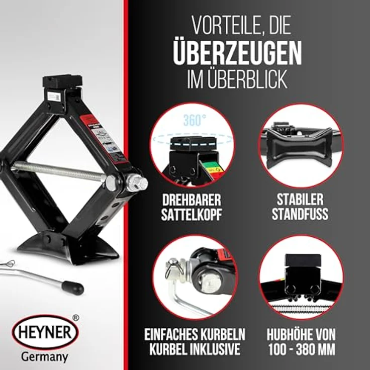 HEYNER UltraLift M PRO Scherenwagenheber 1,5t SUV/PKW + Kurbel + Gummiauflage + Tasche, pulverbeschichtet, robust, drehbarer Sattel – Bild 5