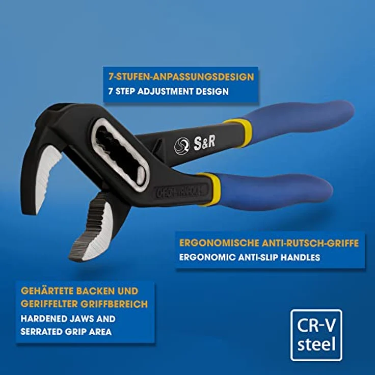 S&R Wasserpumpenzange 242x34mm, CR-V Stahl phosphatiert, doppelt ummantelte ergonomische Griffe – Bild 3