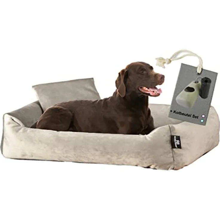 Rohrschneider Hundebett Kuschelsofa Hund Weich + Hundekotbeutelset (L, Taupe) - Nestcharakter, trendige Farben, langlebig, abnehmbarer Bezug