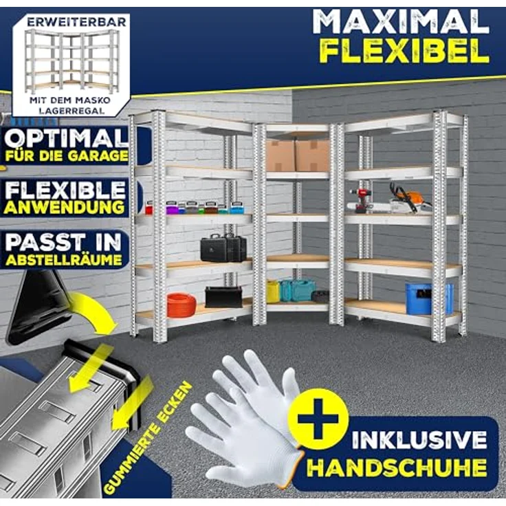 MASKO Eckregal Lagerregal Schwerlastregal, Kellerregal, 180x75x40cm , bis 875 kg, 5 verstellbare Ablagen, MDF-Platten Regal aus Metall, Steckregal, Werkstattregal, Keller, Garage Silber – Bild 6