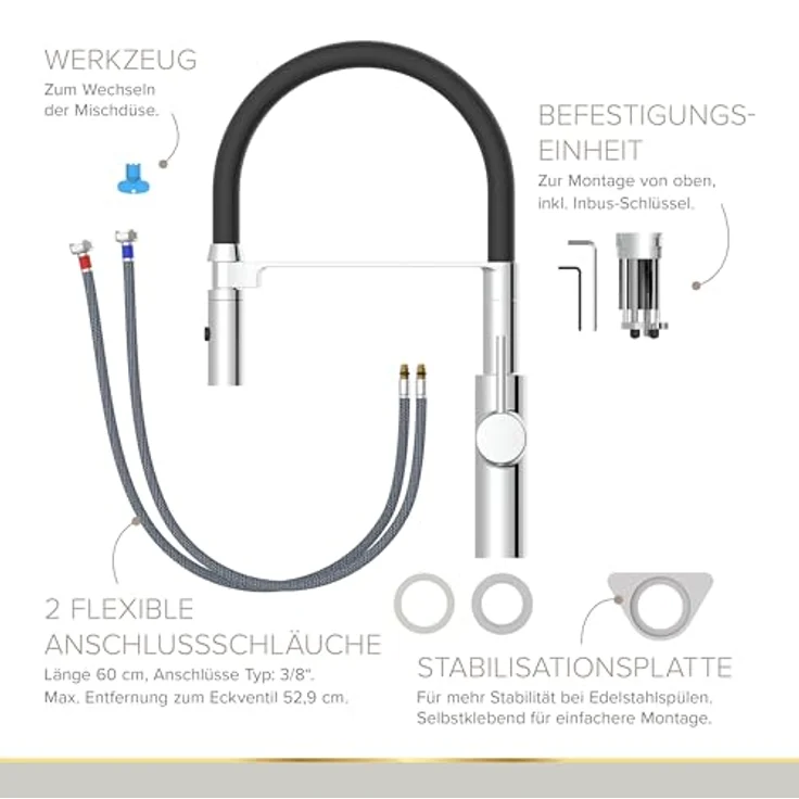 Lenz Küchenarmatur NALU, Flexible Pendelbrause mit 2 Strahlarten und 360° Schwenkfunktion, Chrom – Bild 7