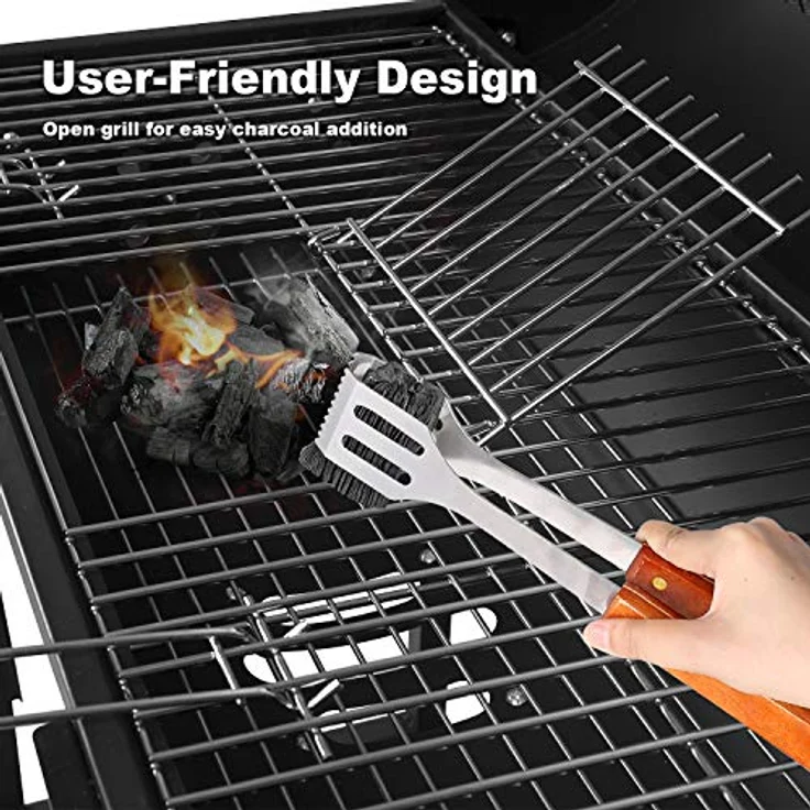 SunJas Grillwagen Holzkohlegrill, BBQ Grill Holzkohle mit Rädern, Anthrazit Standgrill, Grillkamin inkl. integriertes Thermometer und Lüftungsschieber, Gartengrill, Grillfläche: 70X38.5 cm – Bild 2