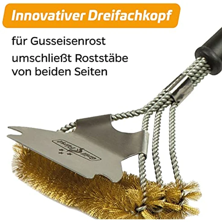 Grillfürst 2X Premium Grillbürste mit Messing Borsten, 45 cm - Grill Reinigungsbürste für Grillrost, Grillrost Bürste mit breitem 3-Fach Bürstenkopf und Schaber – Bild 4